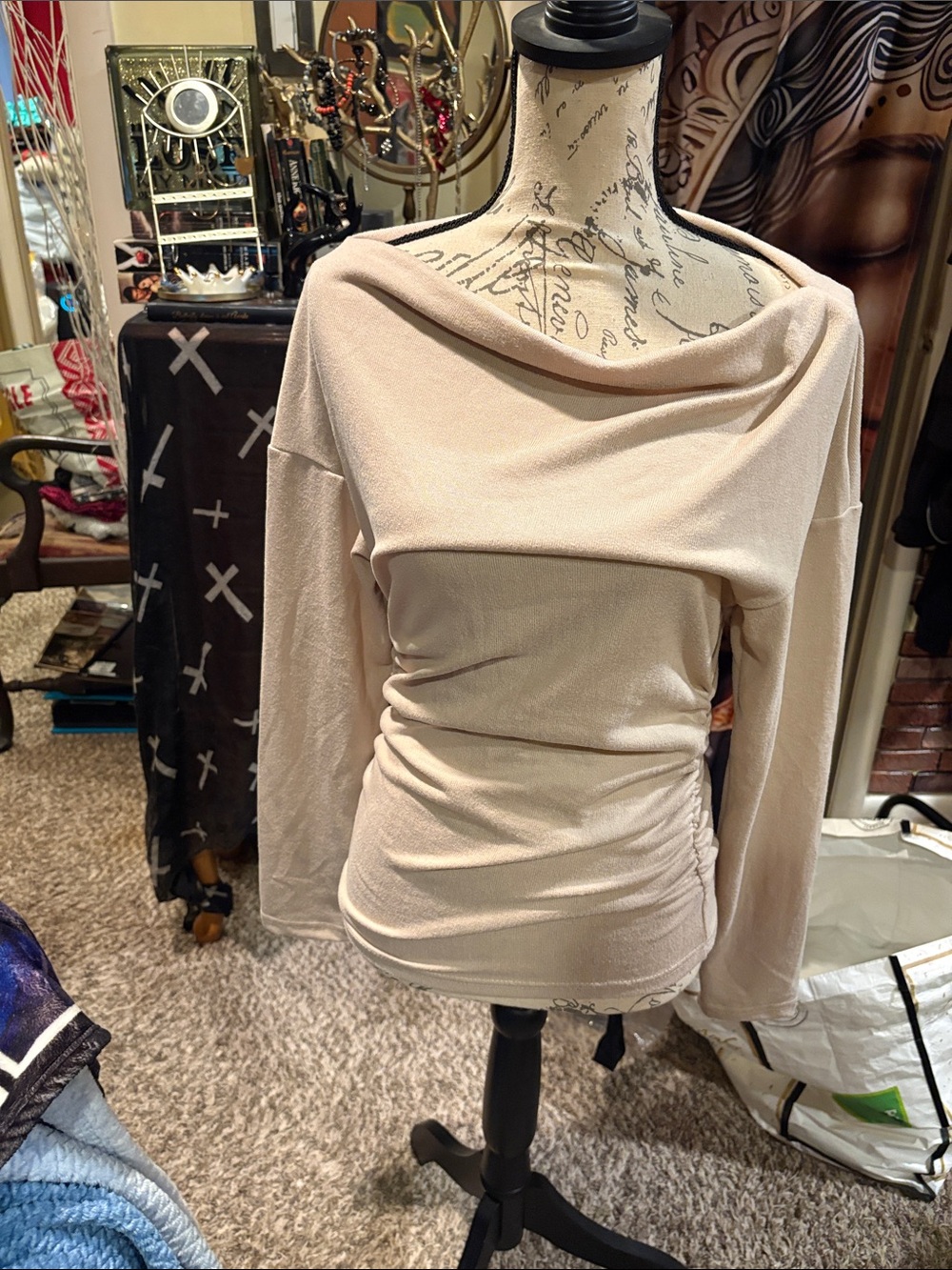 SHEIN Cream Off-Shoulder Ruched Long-Sleeve Sweater